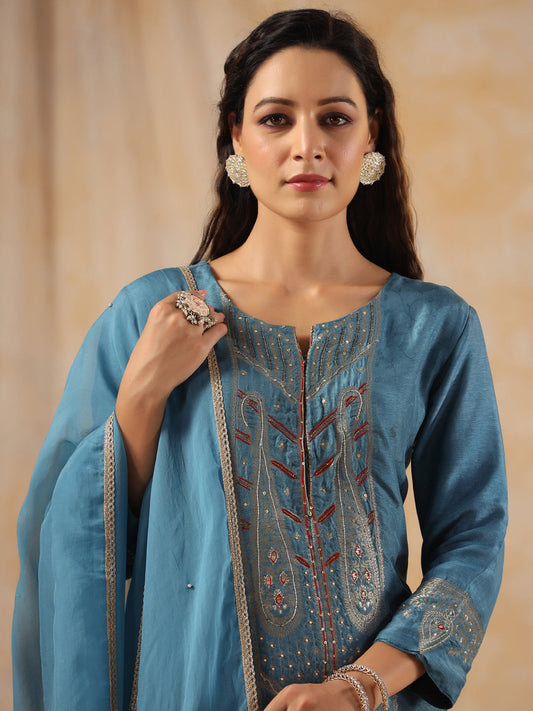 Zardozi Embroidered Silk Teal Blue Straight Kurta With Palazzo And Dupatta