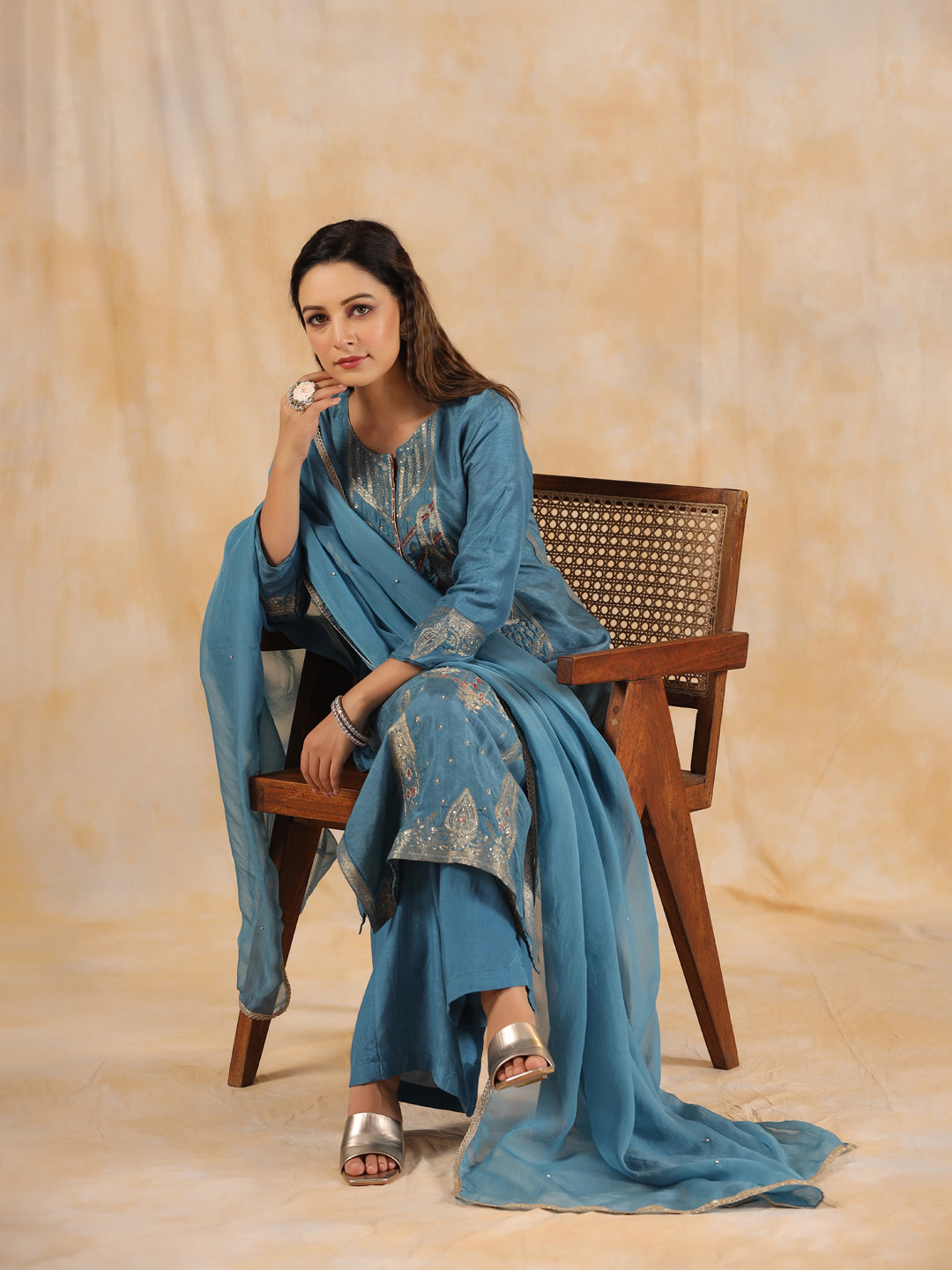 Zardozi Embroidered Silk Teal Blue Straight Kurta With Palazzo And Dupatta