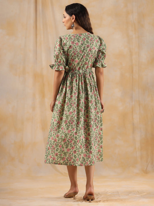 Green Ethnic Floral Printed Flared Dress