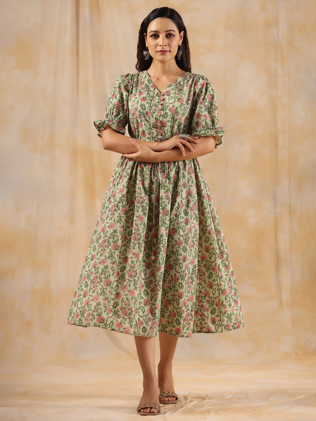 Green Ethnic Floral Printed Flared Dress