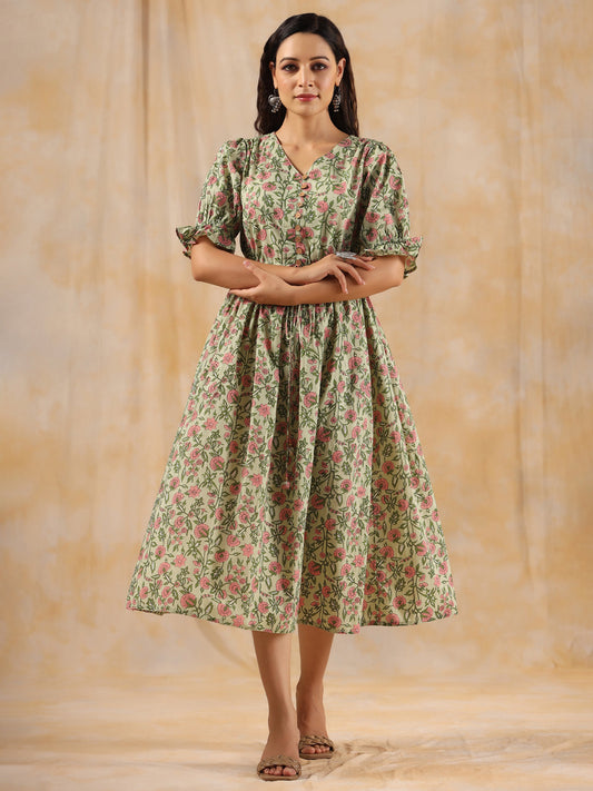 Green Ethnic Floral Printed Flared Dress