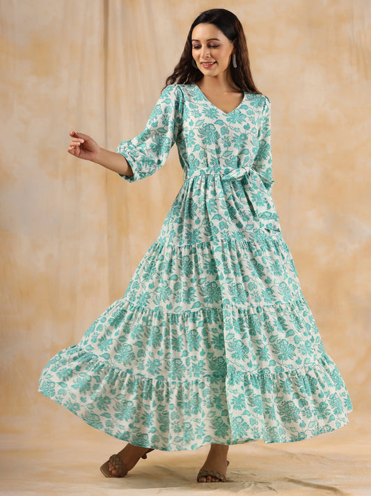 Sea Green Floral Printed Tier Cotton Dress