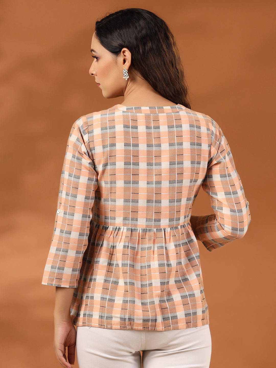 Peach And White Checks Cotton Gathered Shirt