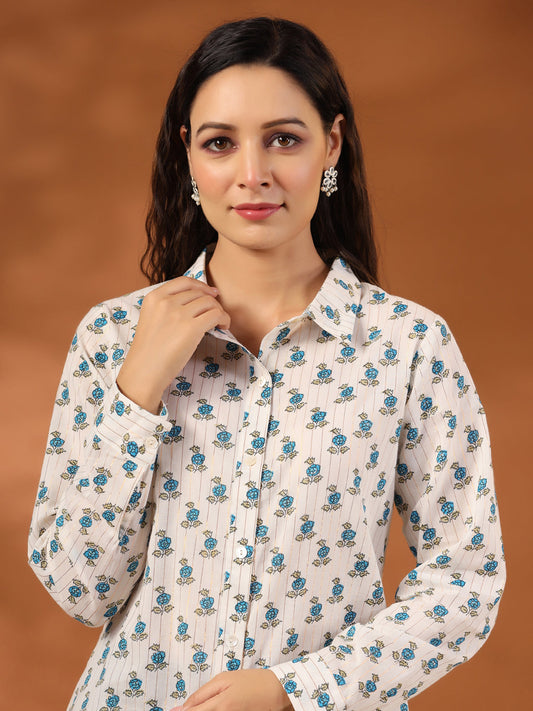 Turquoise Blue Ethnic Motif Lurex Shirt
