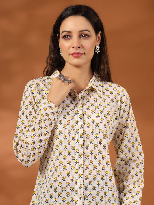 Yellow Ethnic Motif Printed Lurex Shirt