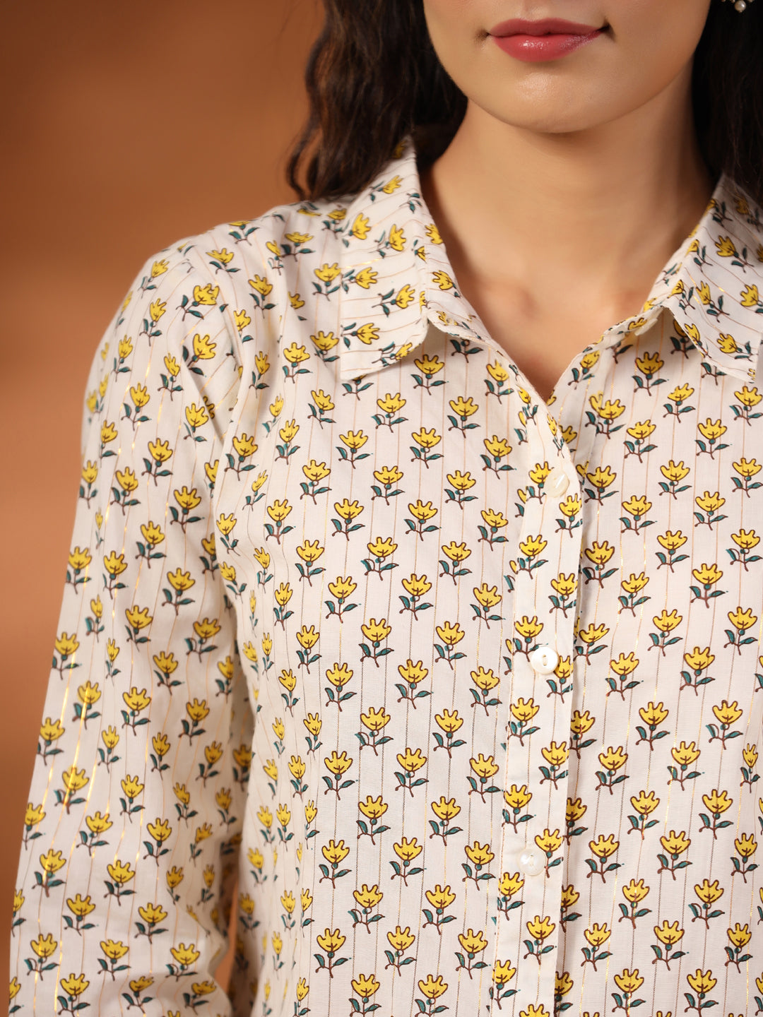 Yellow Ethnic Motif Printed Lurex Shirt