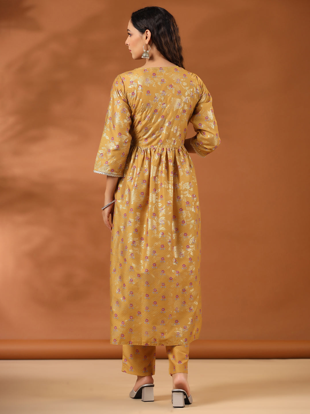 Floral Printed Mustard Gathered Kurta With Pants