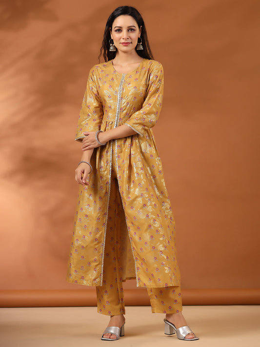 Floral Printed Mustard Gathered Kurta With Pants