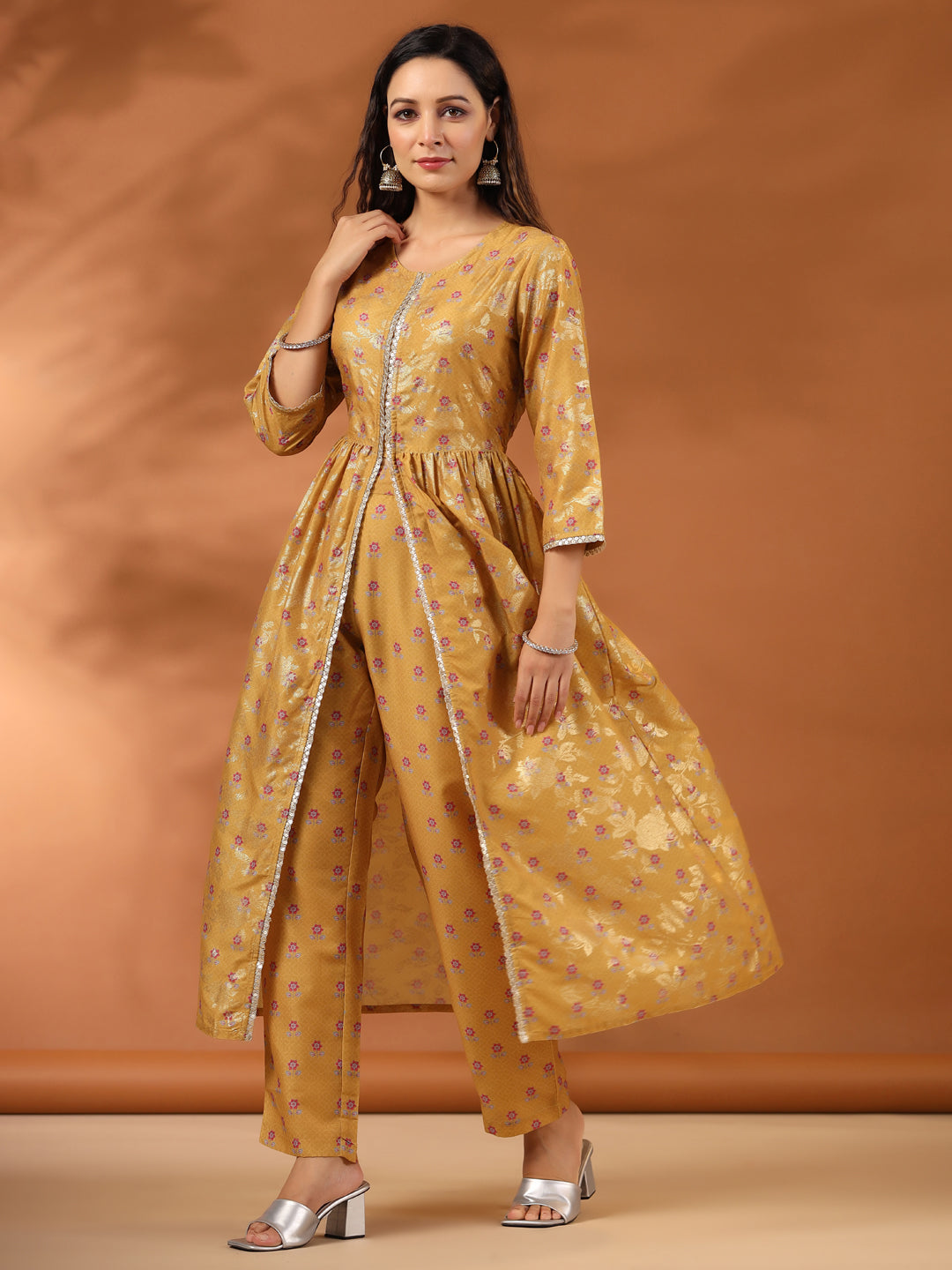 Floral Printed Mustard Gathered Kurta With Pants