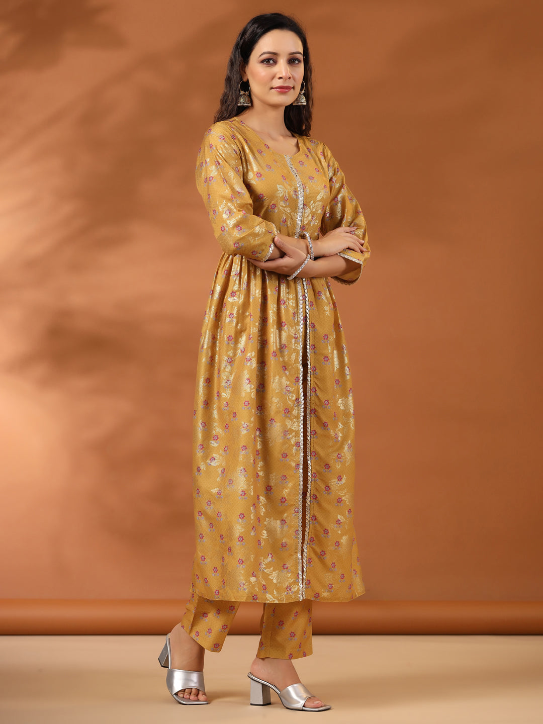 Floral Printed Mustard Gathered Kurta With Pants