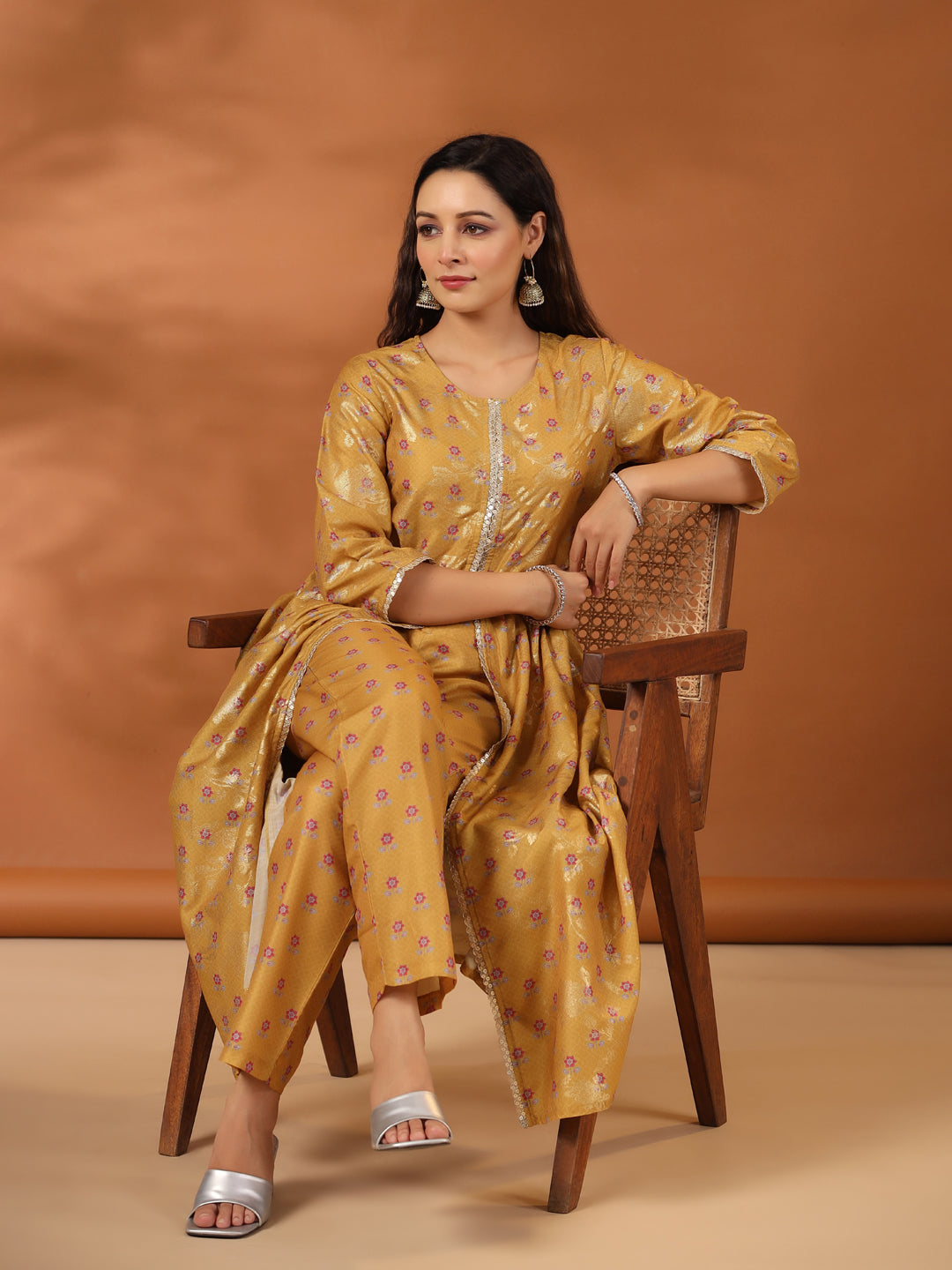 Floral Printed Mustard Gathered Kurta With Pants