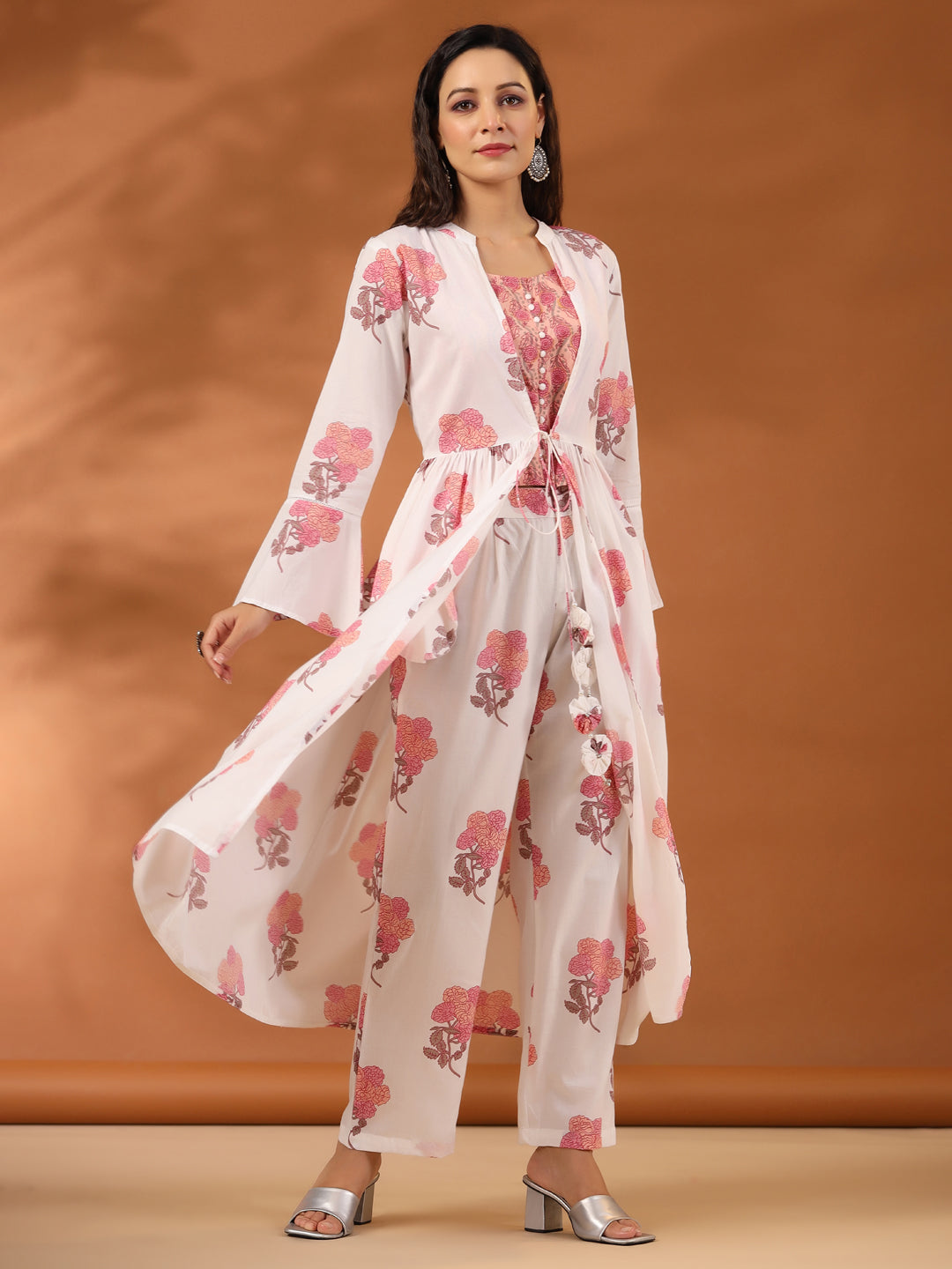 Peach Floral Printed Cotton 3-Piece Co-Ord Set