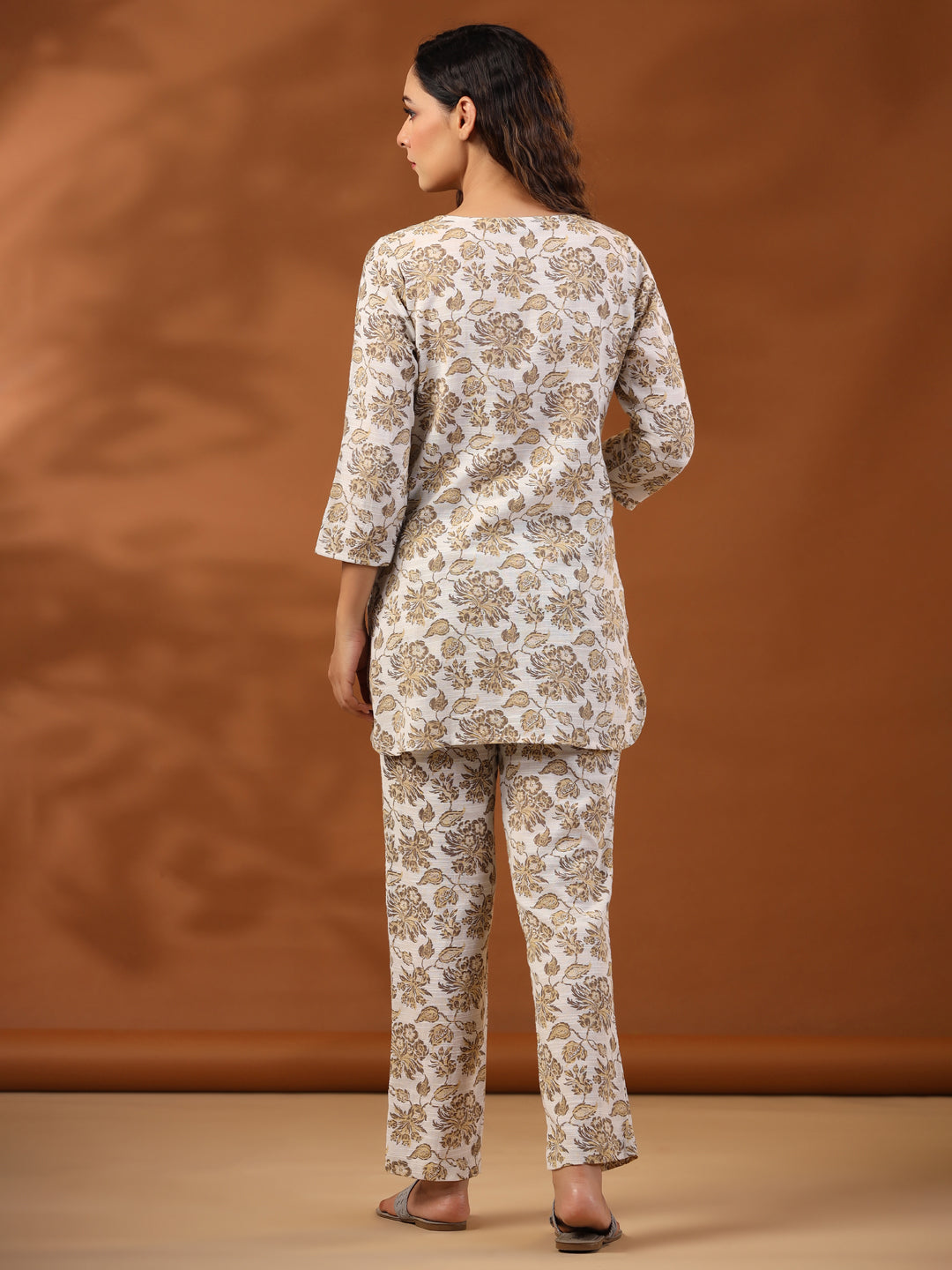 Beige Floral Printed Cotton Loungewear