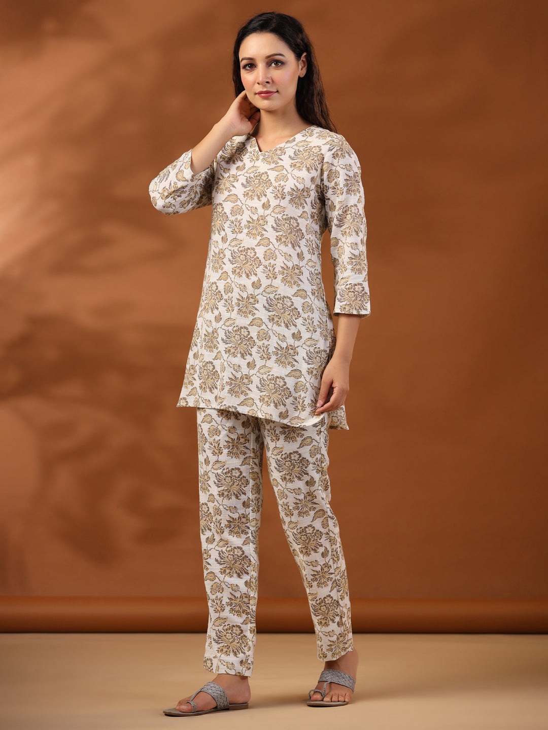 Beige Floral Printed Cotton Loungewear