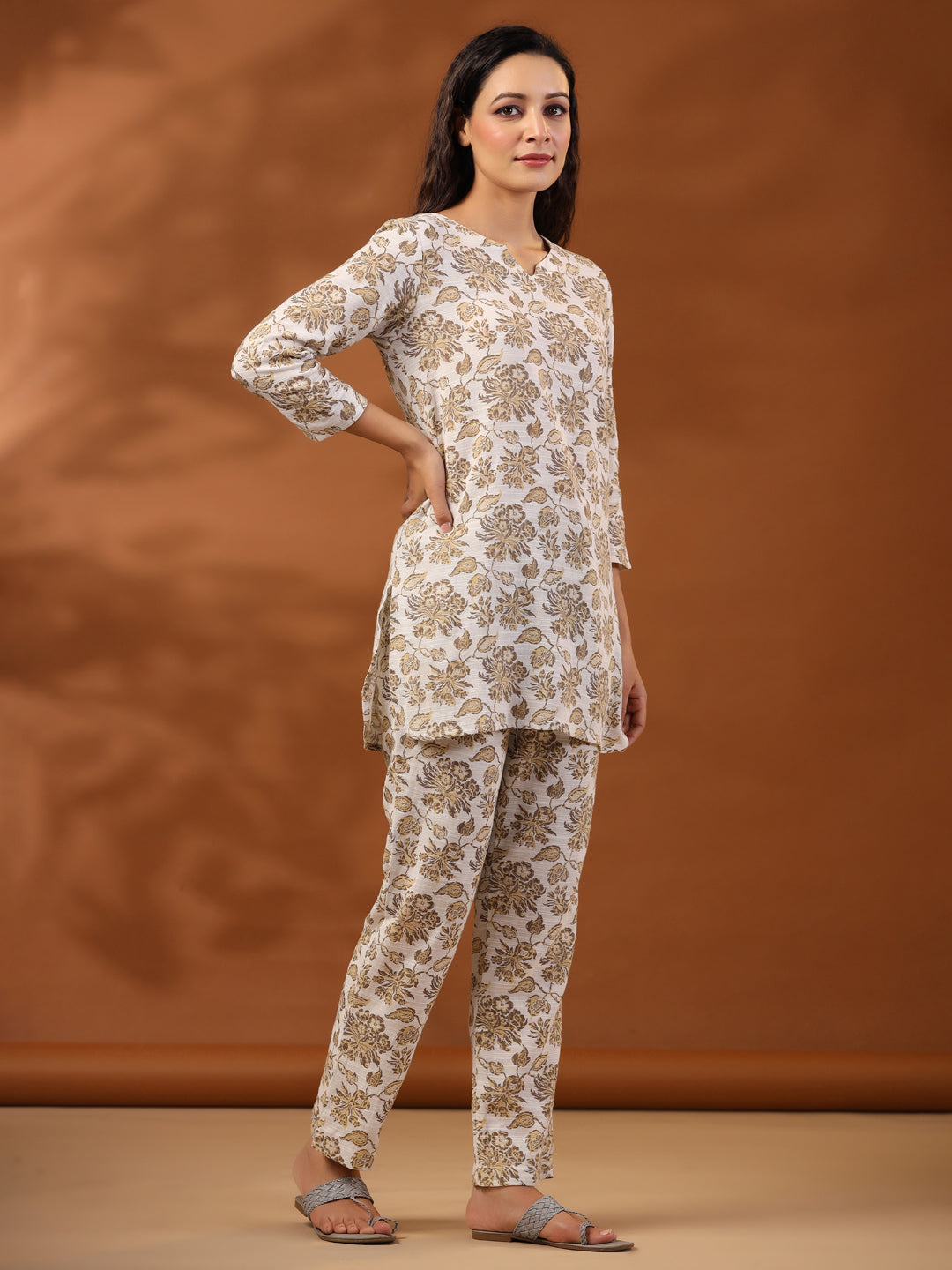 Beige Floral Printed Cotton Loungewear