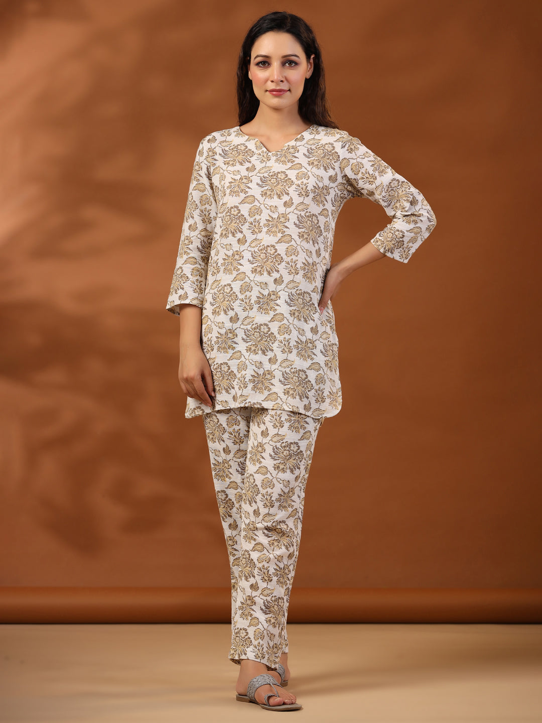 Beige Floral Printed Cotton Loungewear