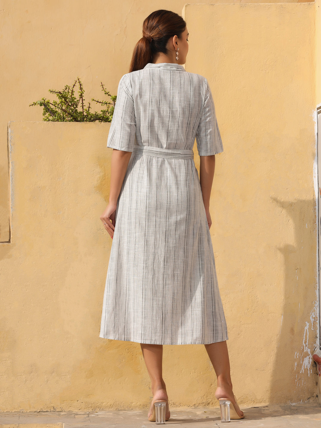 Off White Yarn Dyed A-Line Dress