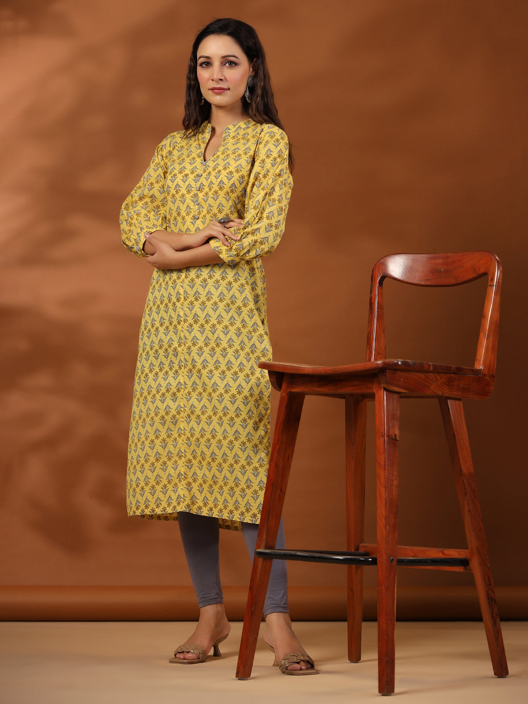 Yellow Ethic Mughal Buti Printed Straight Kurta