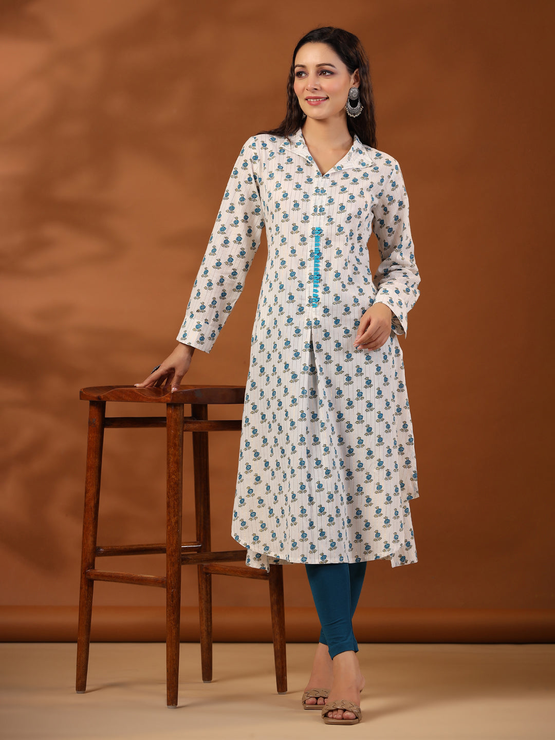 Turquoise Blue Ethnic Printed Cotton Lurex Kurta