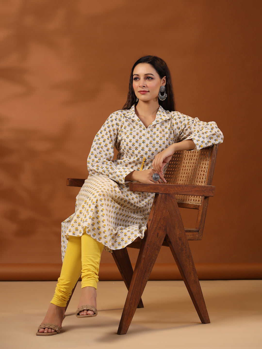 Yellow Ethnic Printed Cotton Lurex Kurta