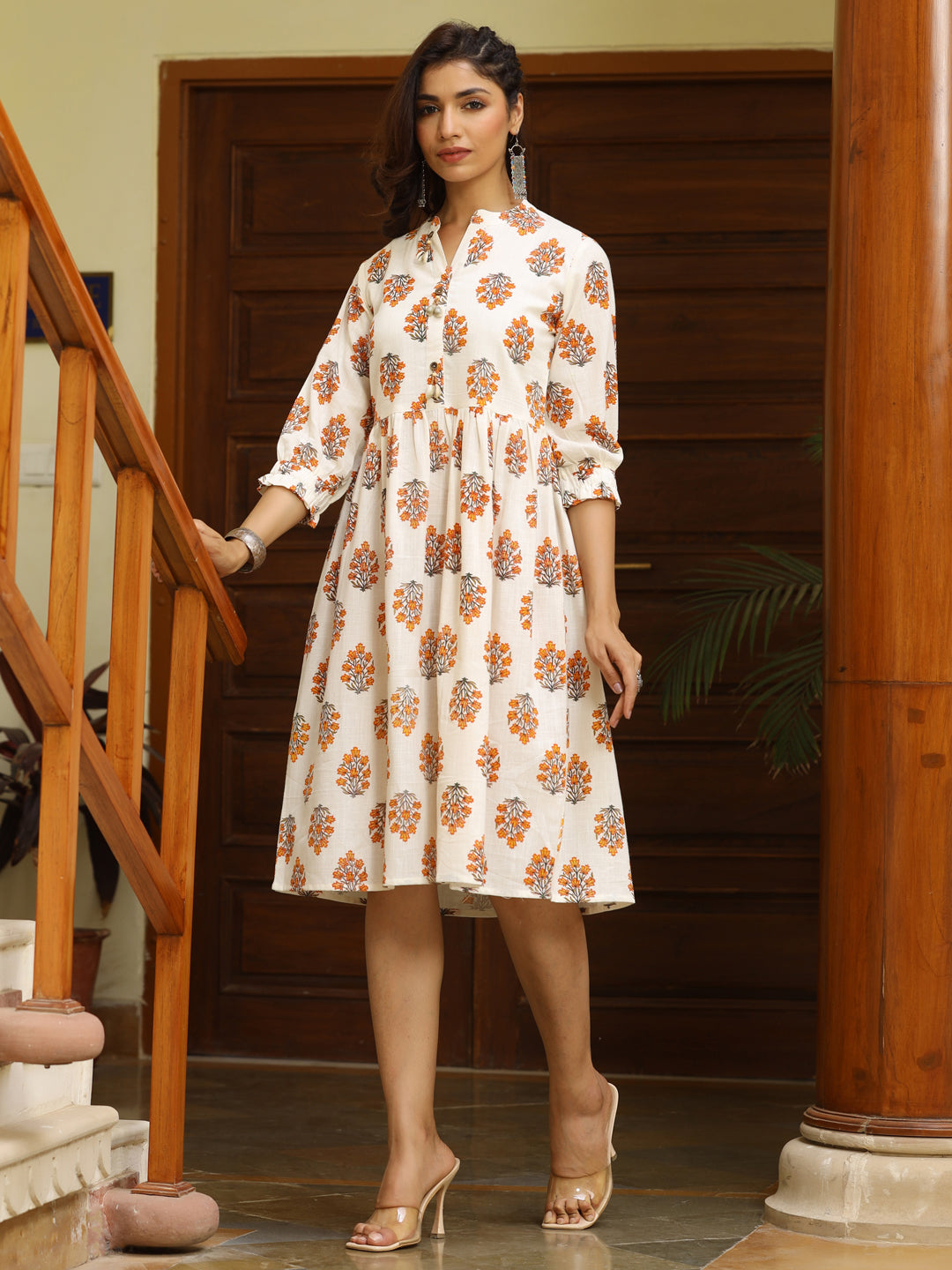 Off White Ethnic Floral Printed Cotton Flared Dress