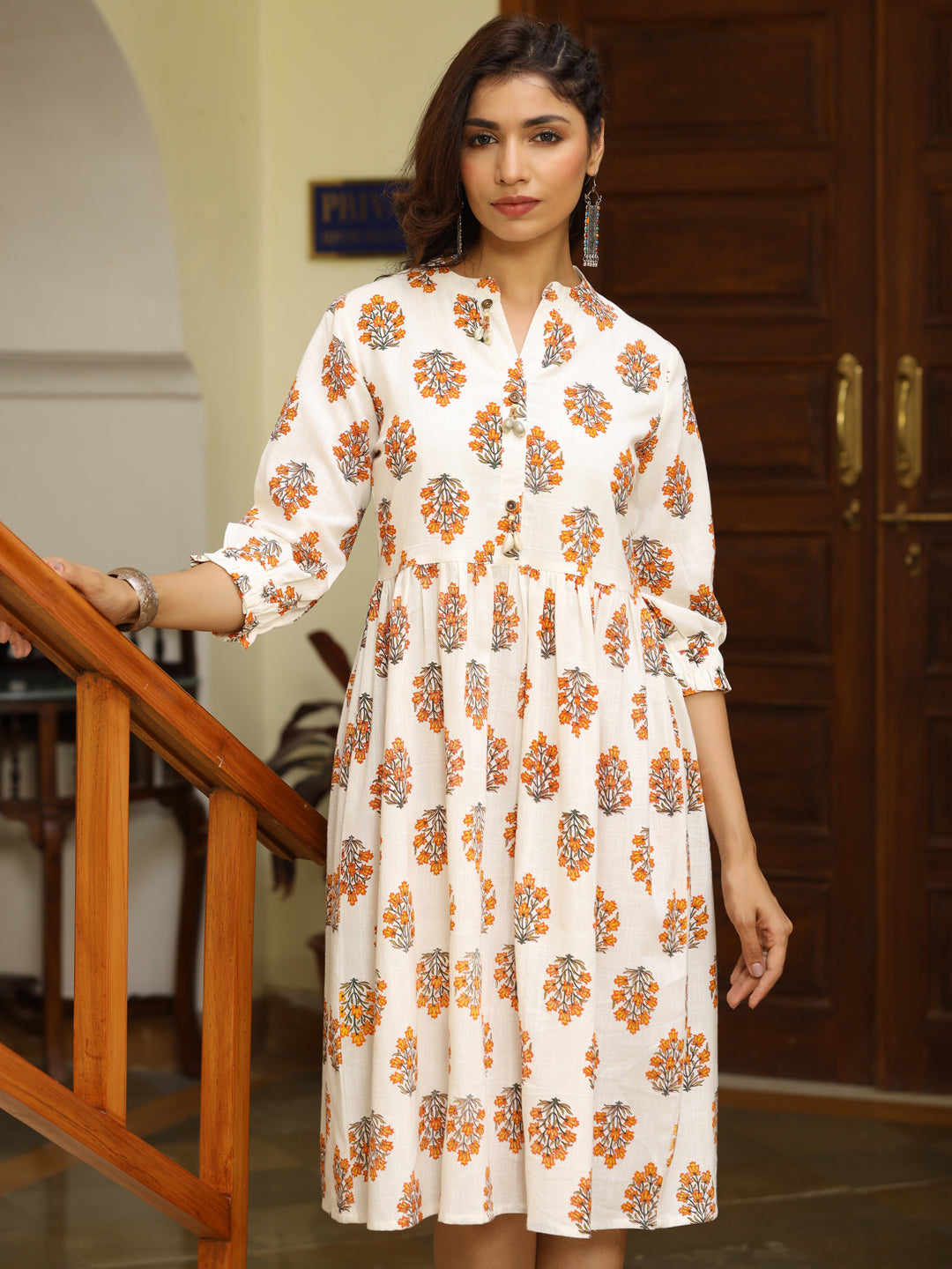 Off White Ethnic Floral Printed Cotton Flared Dress