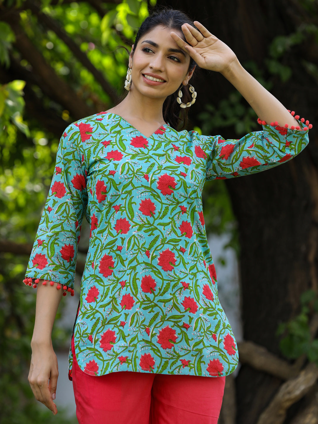 Teal Printed Cotton Short Kurta With Pants