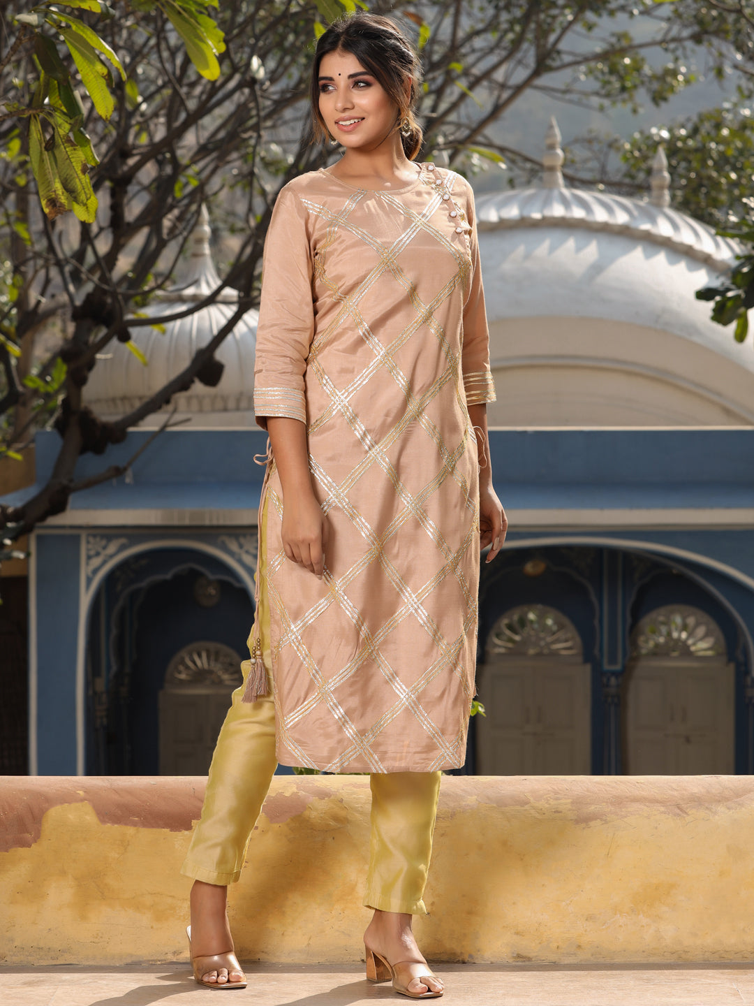 Women Beige Solid Straight Cotton silk Kurta Online