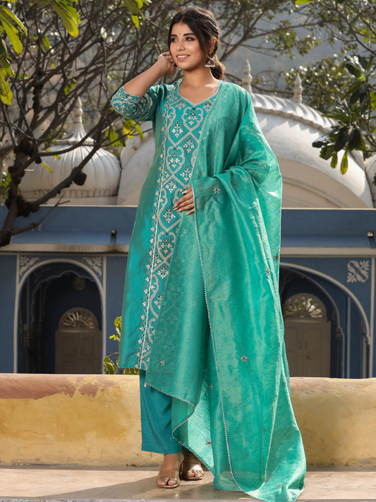 Straight Embroidered Kurta with Pants & Dupatta