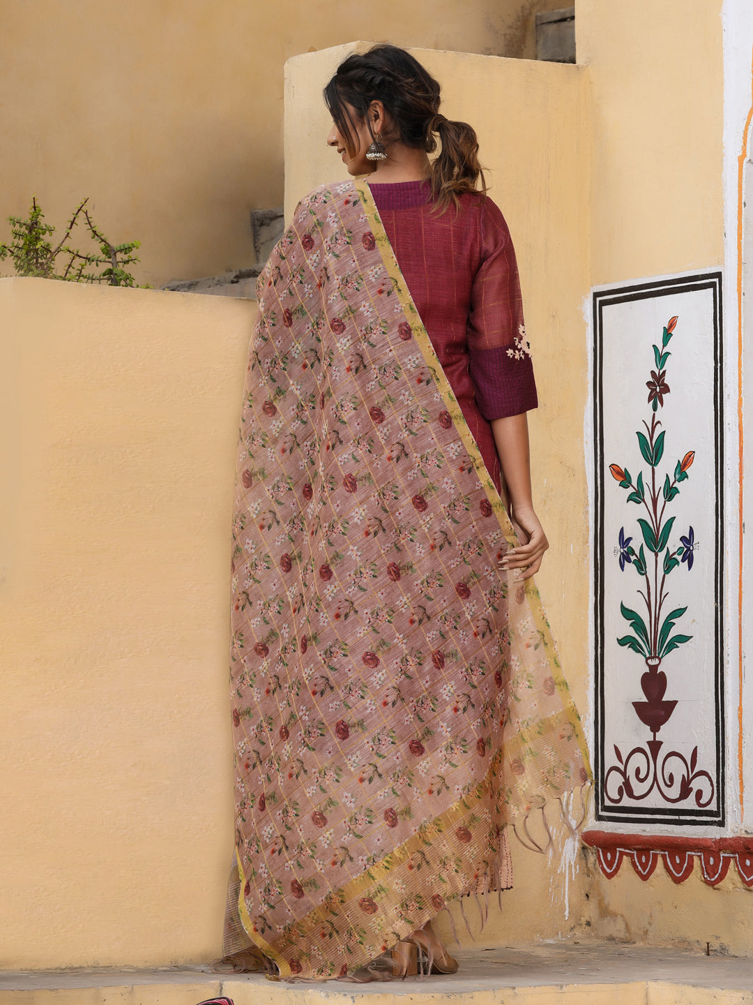 Embroidered Magenta Chanderi Kurta With Palazzo And Printed Dupatta