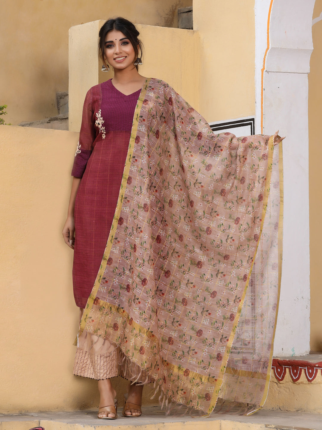 Embroidered Magenta Chanderi Kurta With Palazzo And Printed Dupatta