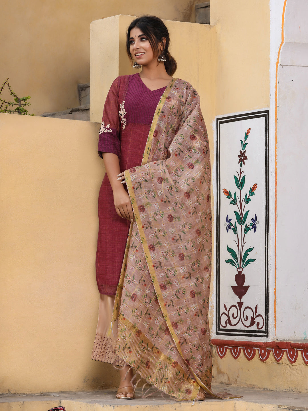 Embroidered Magenta Chanderi Kurta With Palazzo And Printed Dupatta