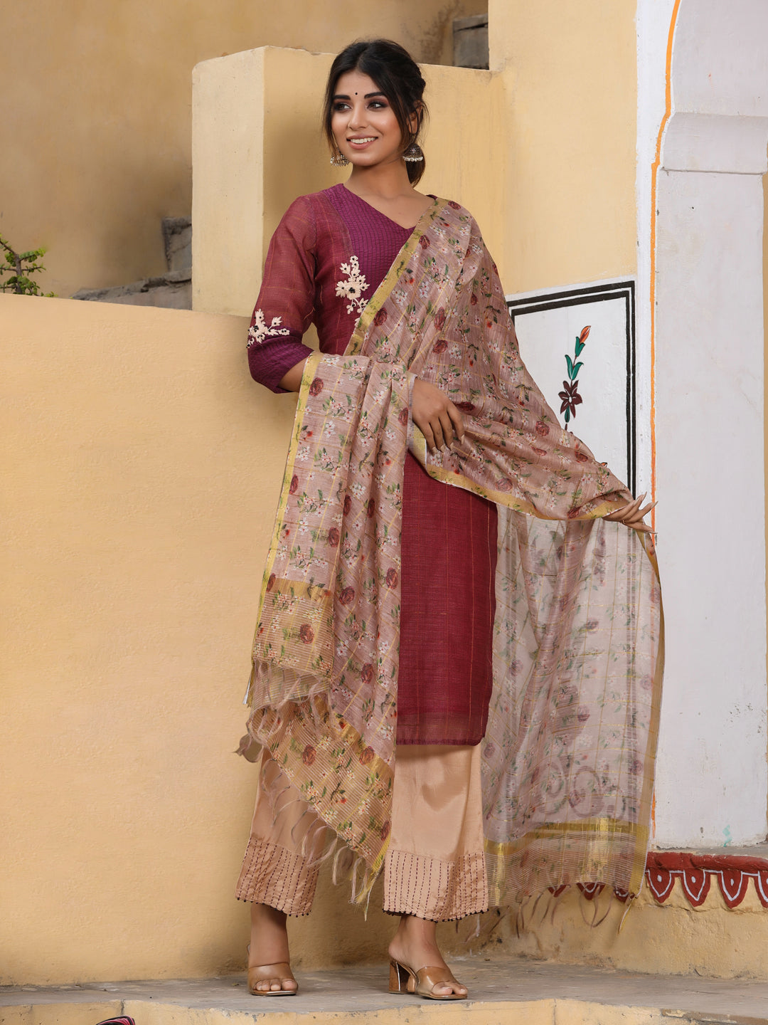 Embroidered Magenta Chanderi Kurta With Palazzo And Printed Dupatta