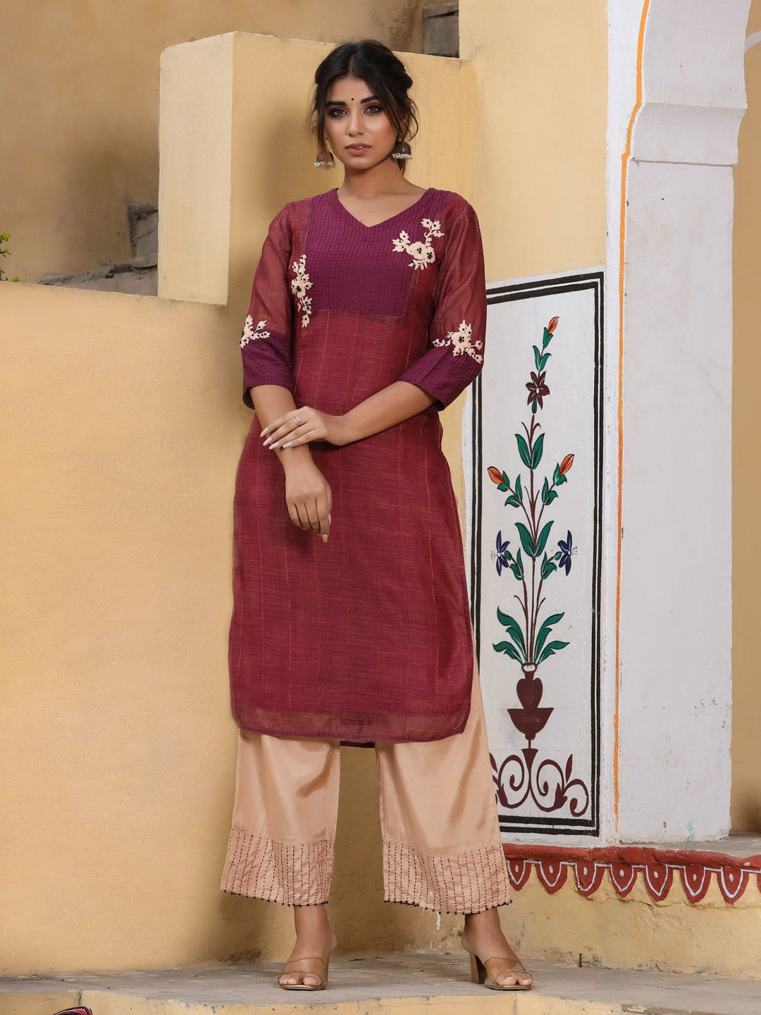 Embroidered Magenta Chanderi Kurta With Palazzo And Printed Dupatta