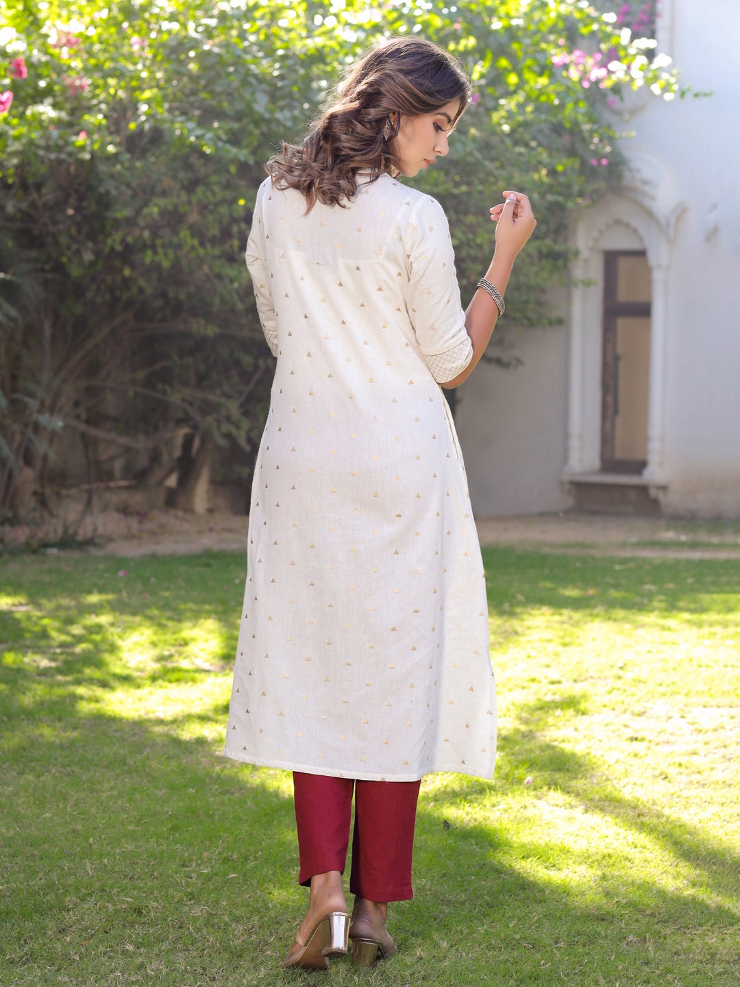 Off White Gold Print A Line Cotton Blend Kurta With Pant