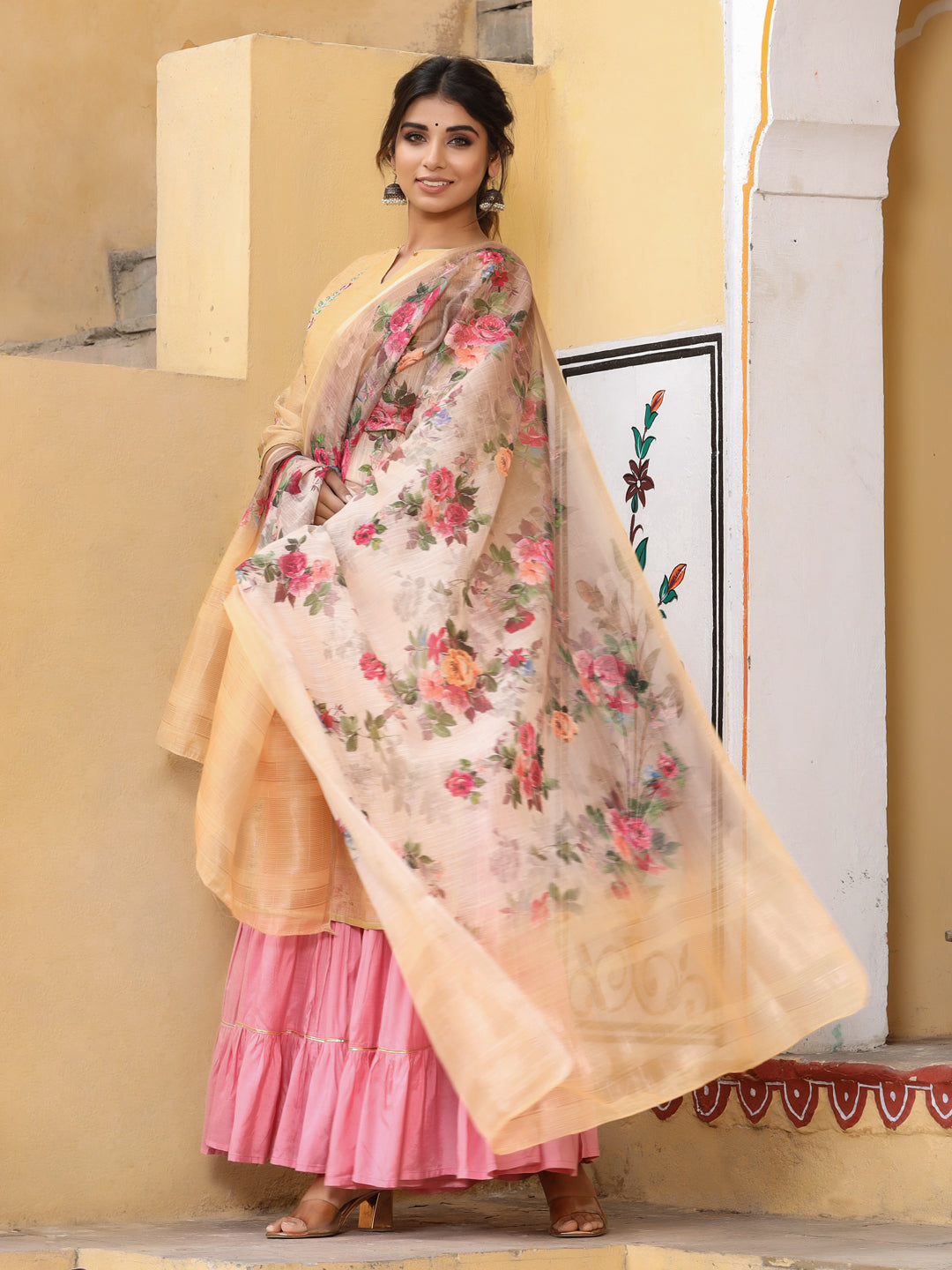 Embroidered Yellow Chanderi Kurta With Sharara And Printed Dupatta