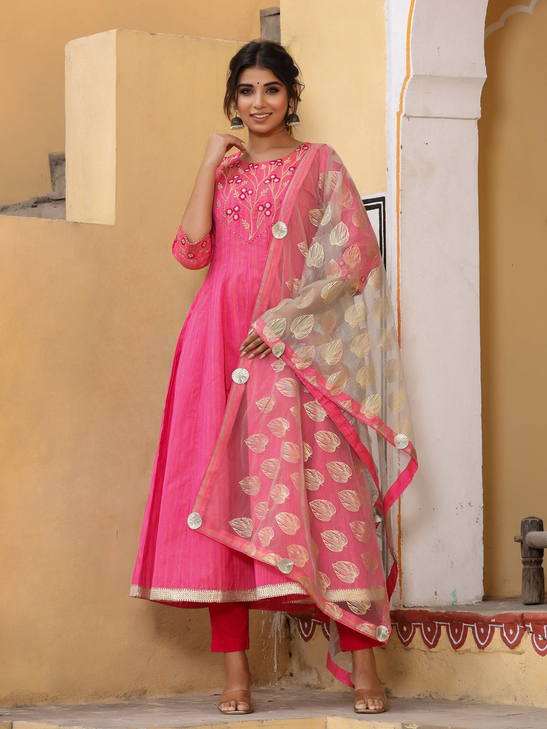 Embroidered Pink Chanderi Anarkali Kurta With Printed Dupatta