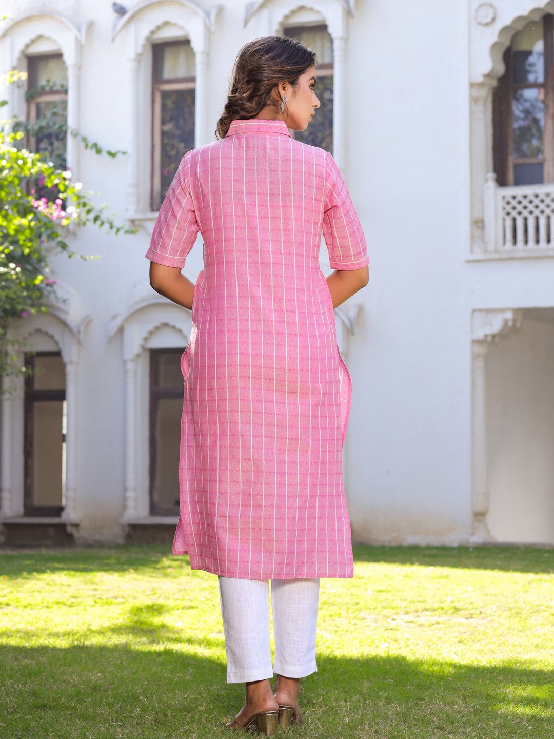 Pink Self Weave Straight Cotton Blend Kurta With Pant