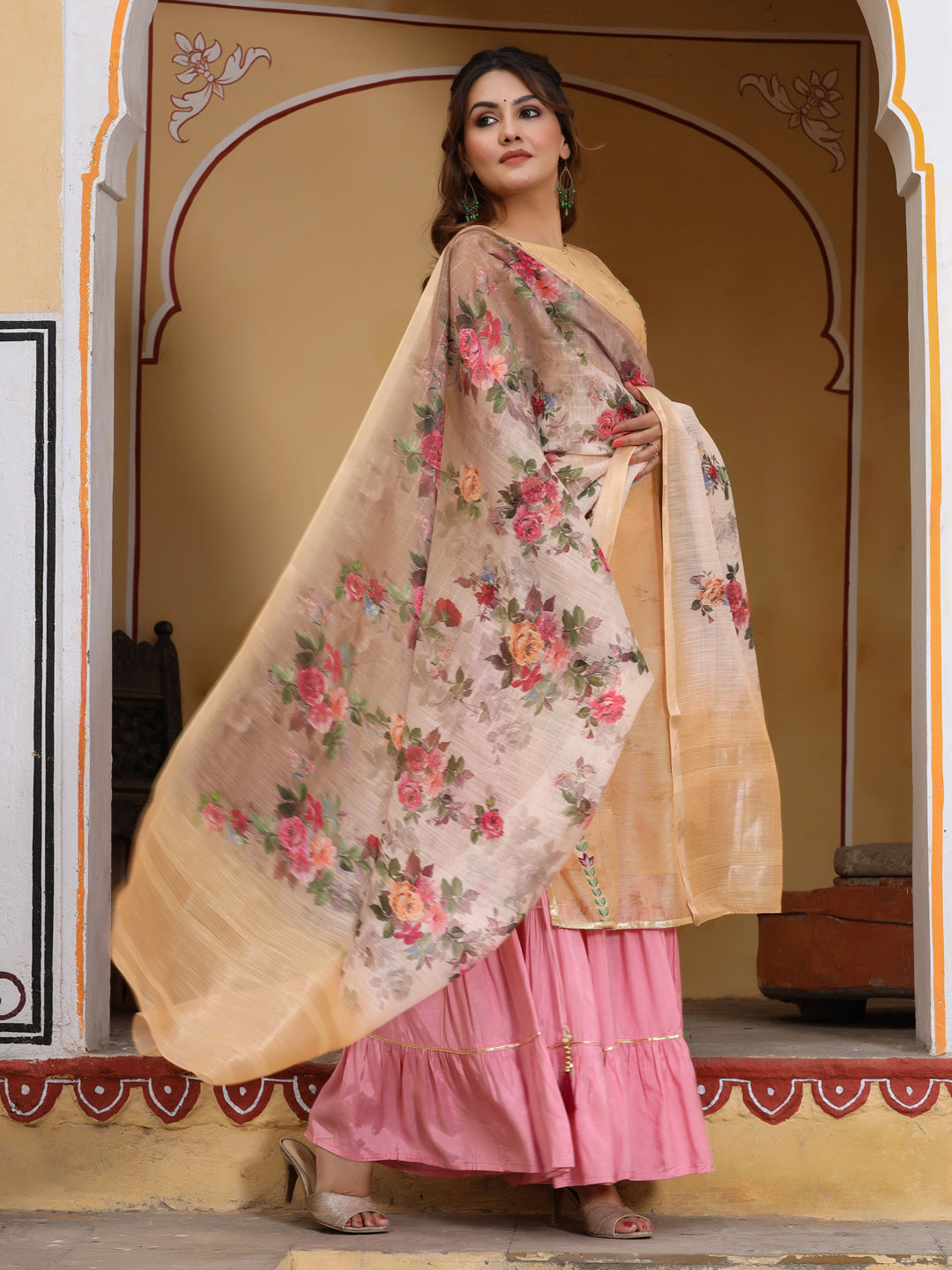 Embroidered Yellow Chanderi Kurta With Sharara And Printed Dupatta