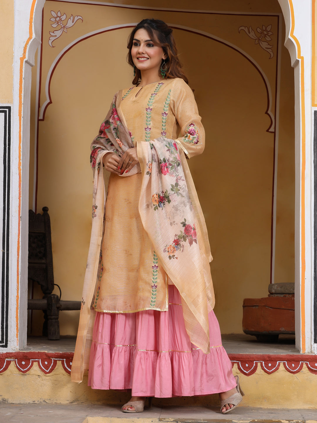 Embroidered Yellow Chanderi Kurta With Sharara And Printed Dupatta