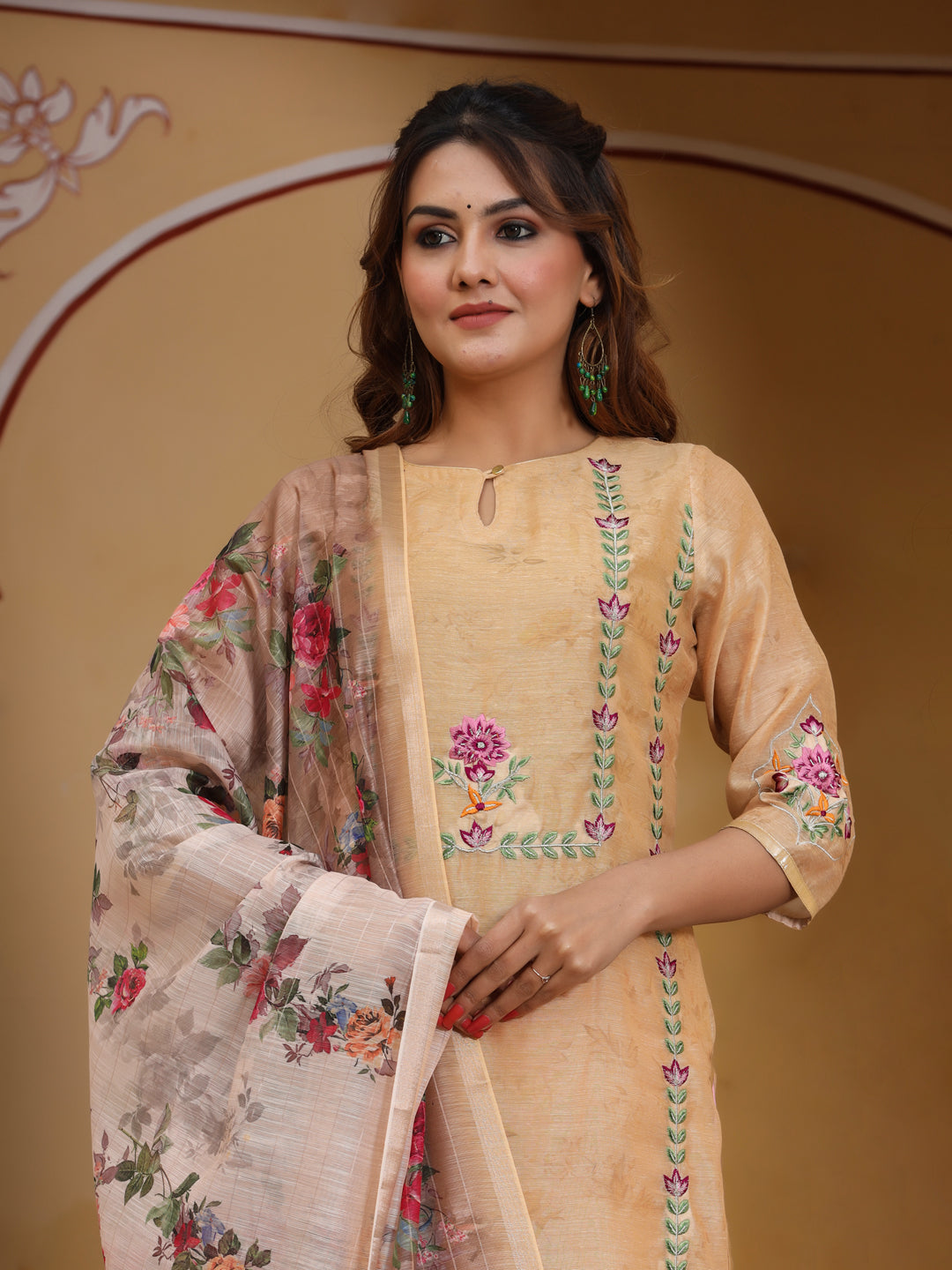 Embroidered Yellow Chanderi Kurta With Sharara And Printed Dupatta