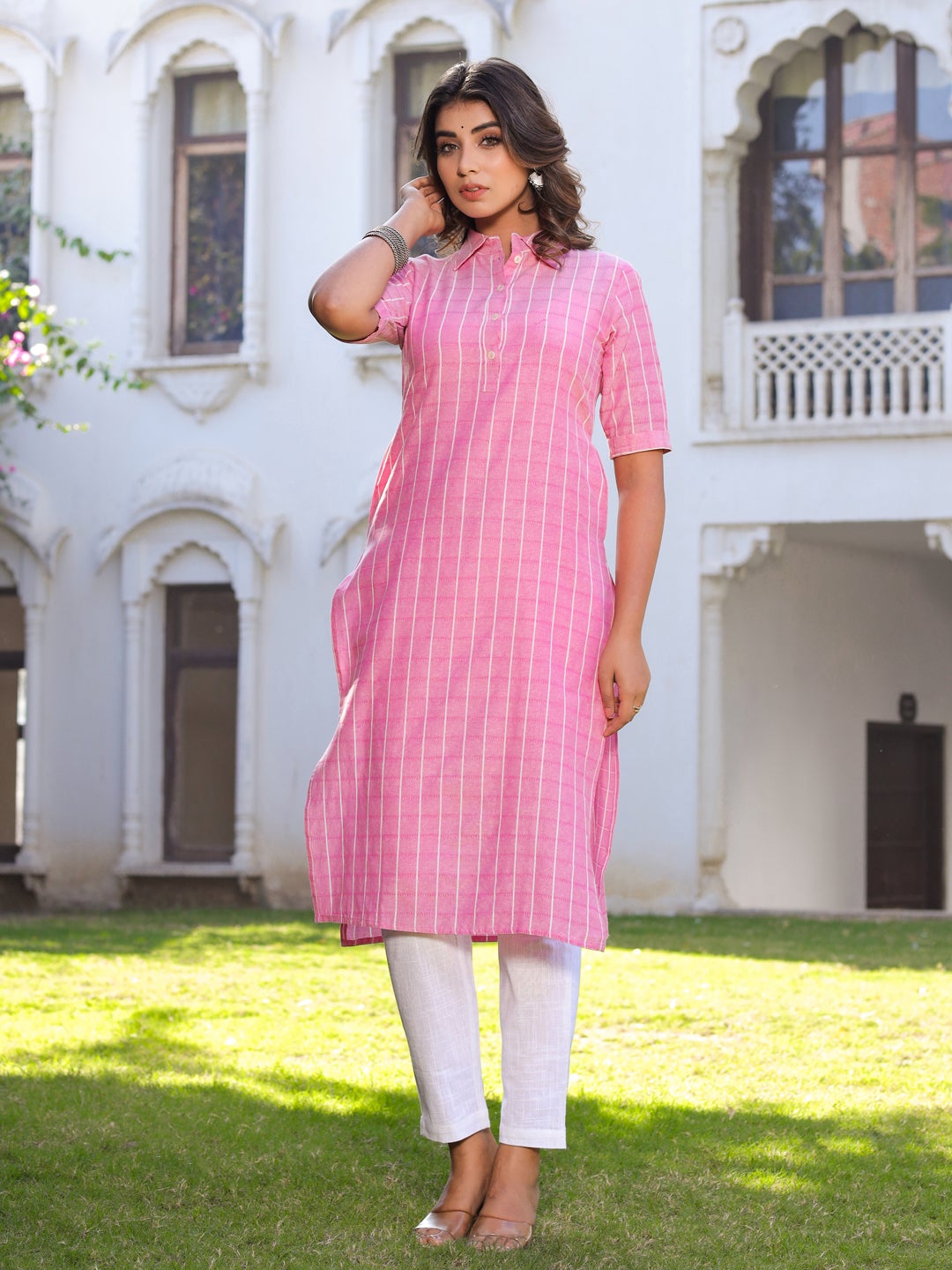 Pink Self Weave Straight Cotton Blend Kurta With Pant
