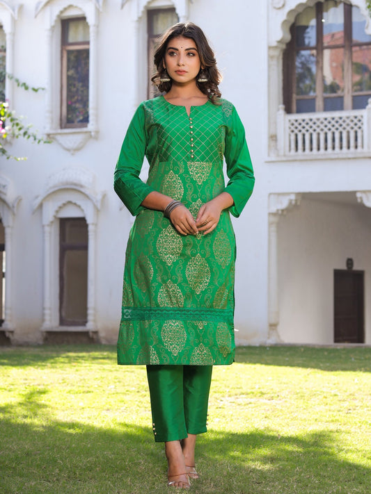 Green Printed Straight Thread and lace work Kurta with Pant
