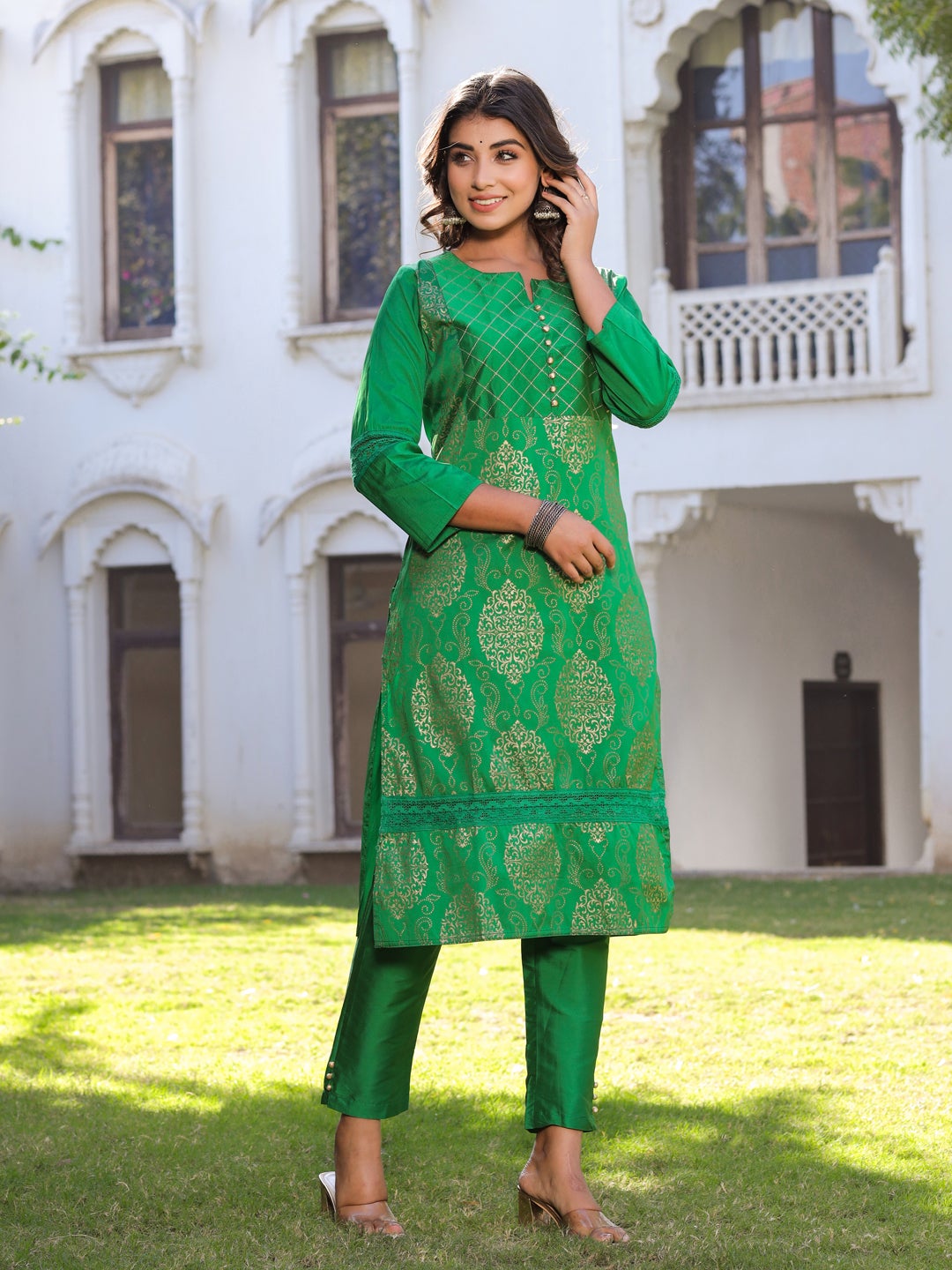 Green Printed Straight Thread and lace work Kurta with Pant