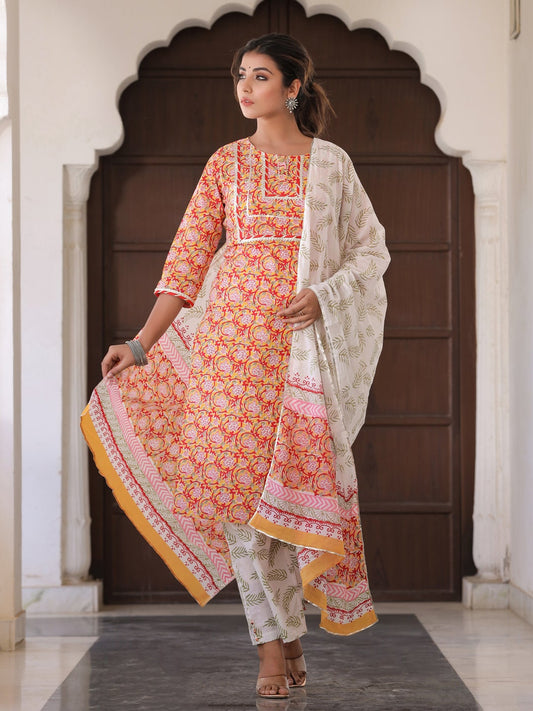 Yellow Ethnic Print Straight Cotton Kurta With Palazzo And Dupatta