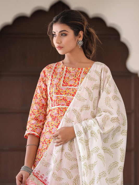 Yellow Ethnic Print Straight Cotton Kurta With Palazzo And Dupatta