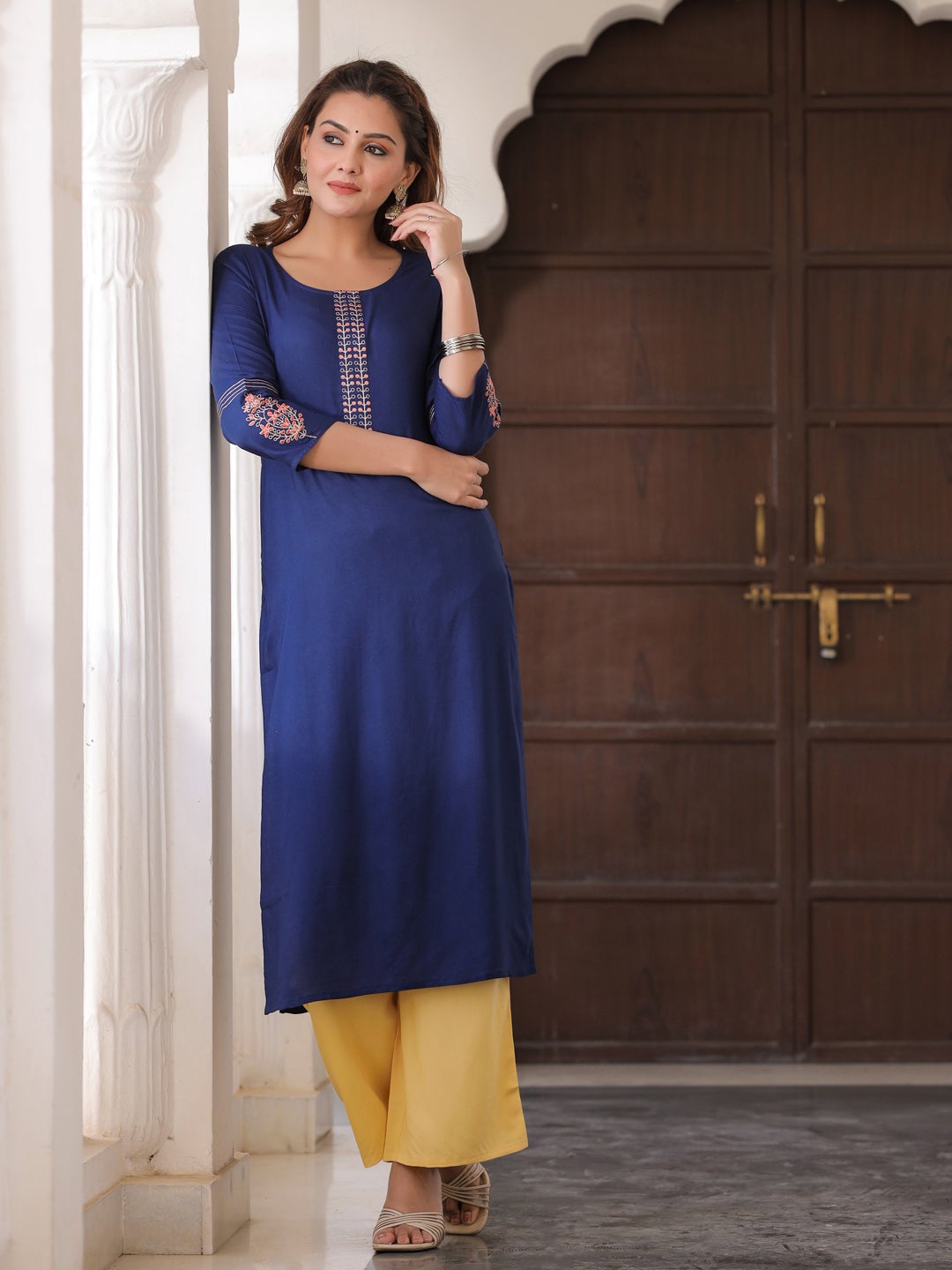 Blue Embroidered Straight Kurta With Solid Palazzo