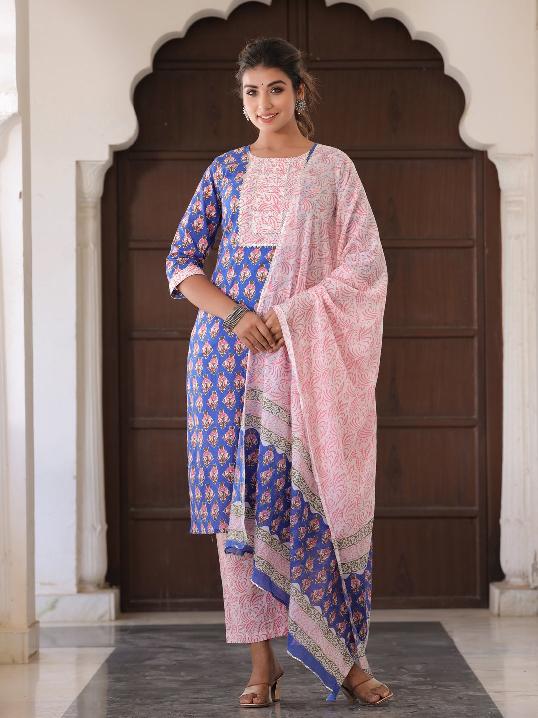 Blue Ethnic Motifs Print Cotton Kurta with Palazzos & Dupatta