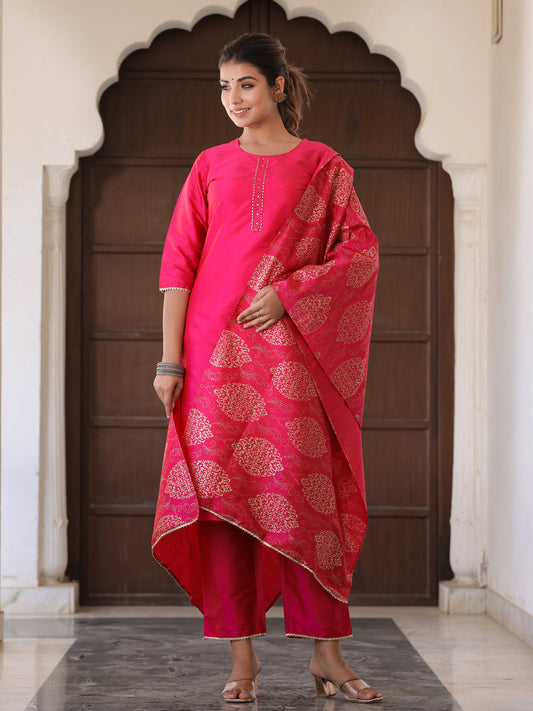 Pink Solid Straight Kurta With Gotta Work On Palazzo & Printed Dupatta
