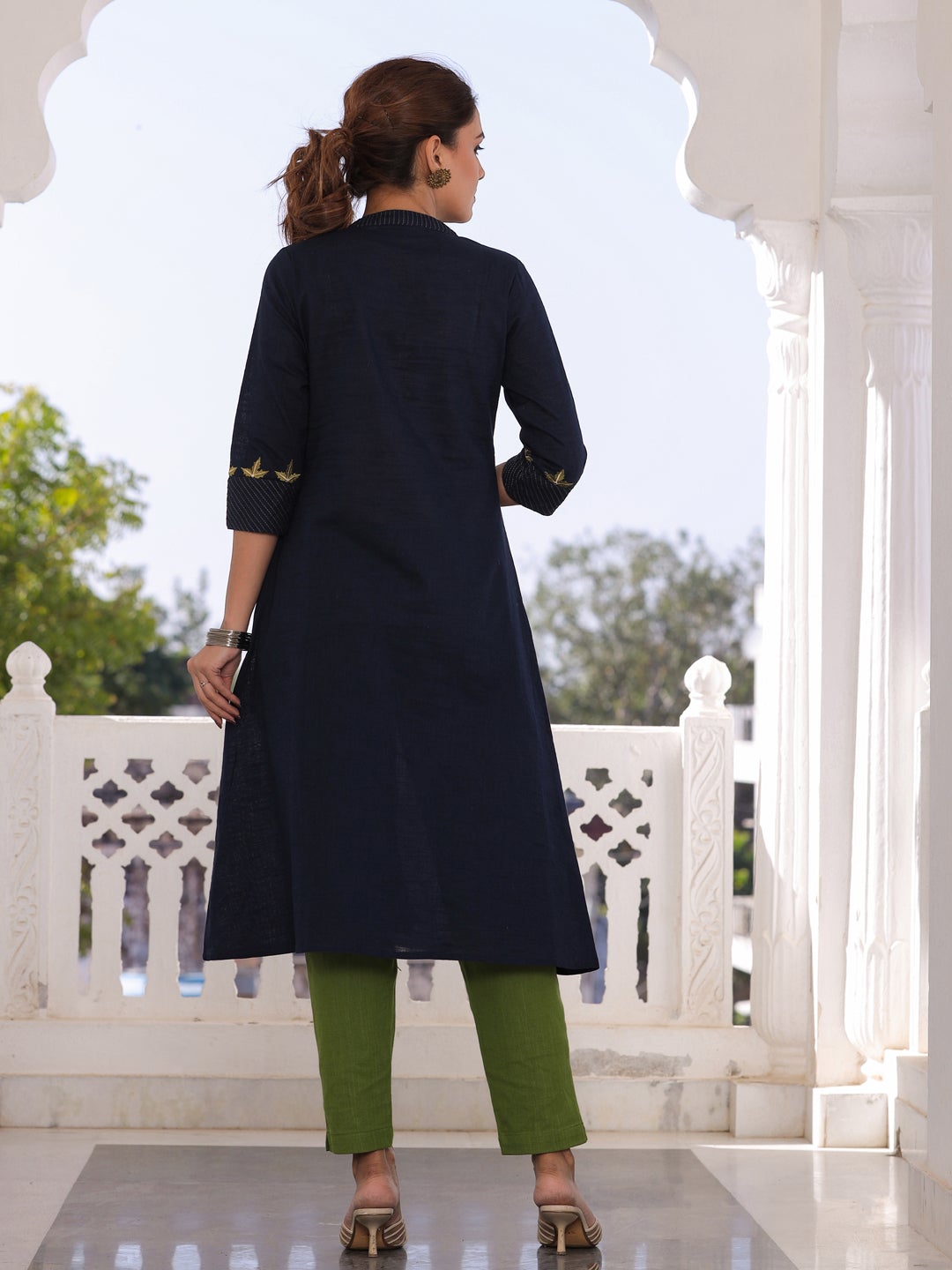 Navy blue embroidered a line kurta With Solid Cotton Slub pant.
